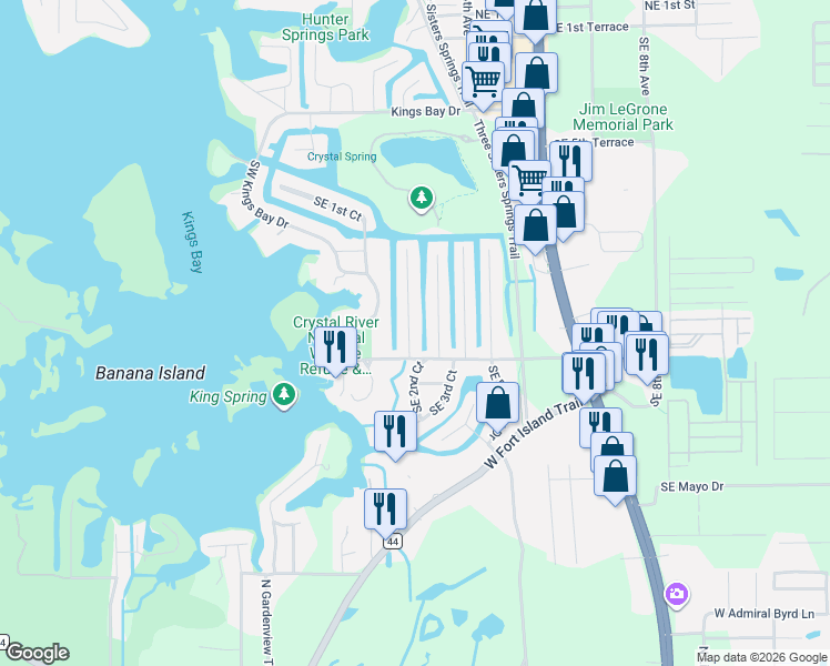 map of restaurants, bars, coffee shops, grocery stores, and more near 151 Southeast Paradise Point Road in Crystal River