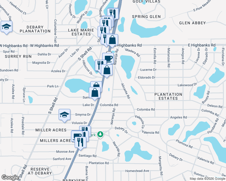 map of restaurants, bars, coffee shops, grocery stores, and more near 119 Laurianne Road in DeBary