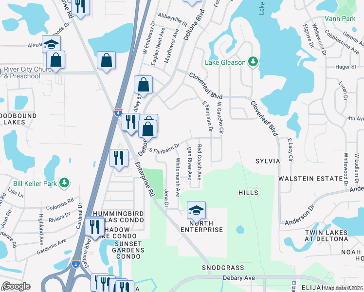 map of restaurants, bars, coffee shops, grocery stores, and more near 766 Dan River Avenue in Deltona
