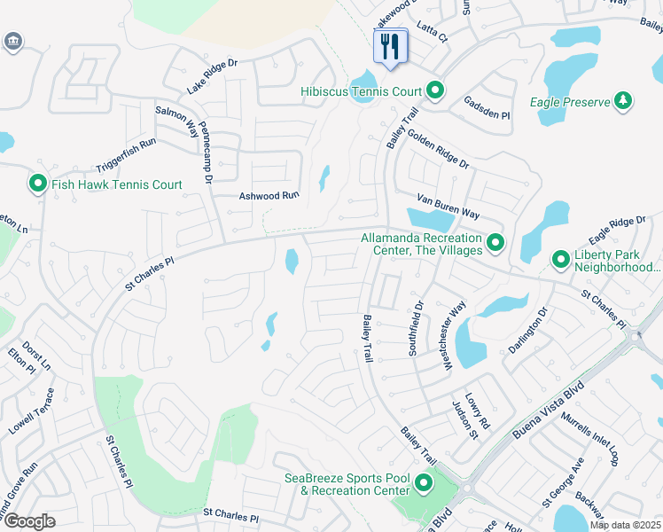 map of restaurants, bars, coffee shops, grocery stores, and more near 1815 Huckleberry Street in The Villages