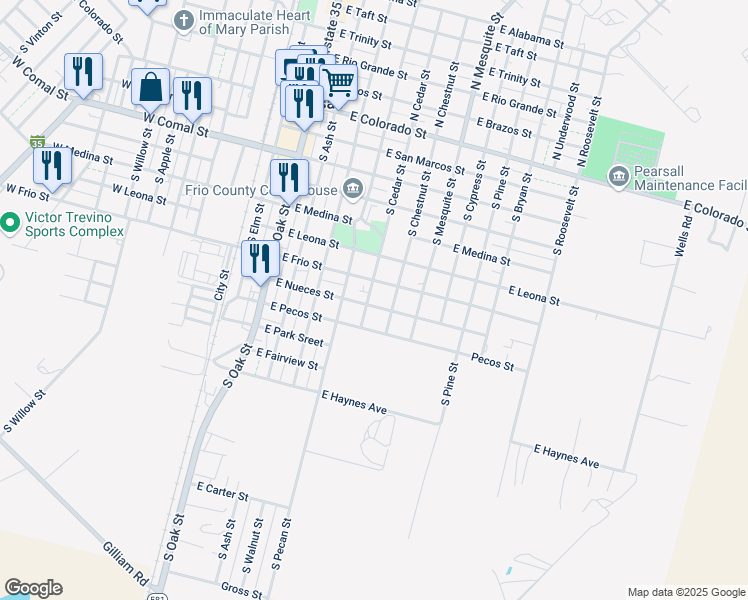map of restaurants, bars, coffee shops, grocery stores, and more near 650 East Frio Street in Pearsall