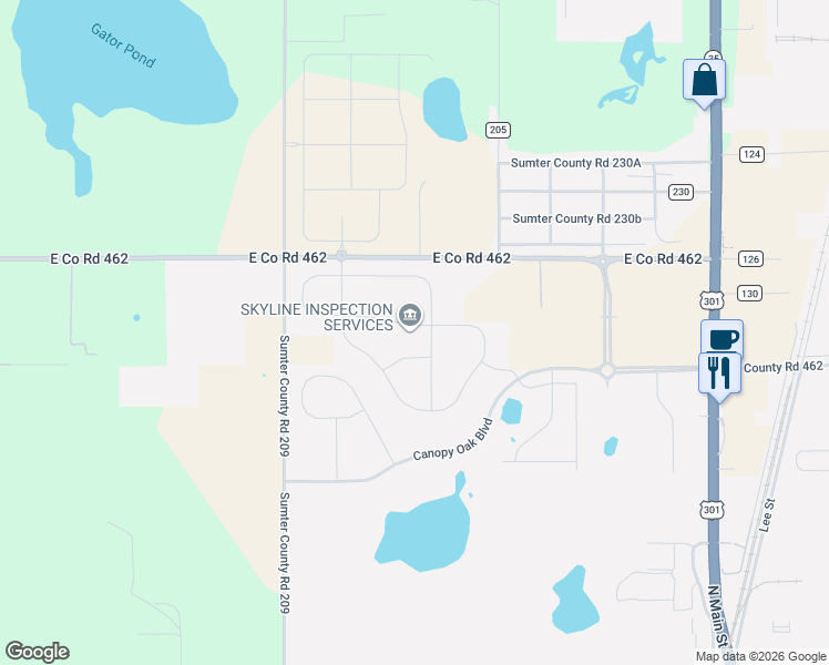 map of restaurants, bars, coffee shops, grocery stores, and more near 3391 East Co Road 462 in Wildwood