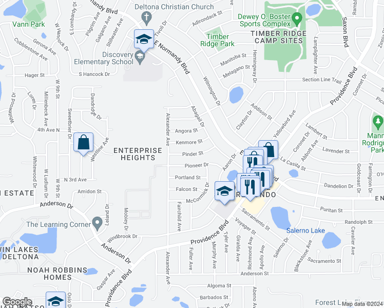 map of restaurants, bars, coffee shops, grocery stores, and more near 1044 Pinder Street in Deltona