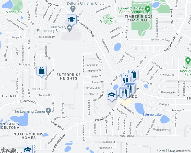 map of restaurants, bars, coffee shops, grocery stores, and more near Pinder Street in Deltona