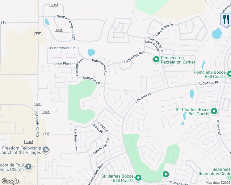 map of restaurants, bars, coffee shops, grocery stores, and more near 2267 Fringe Tree Trail in The Villages