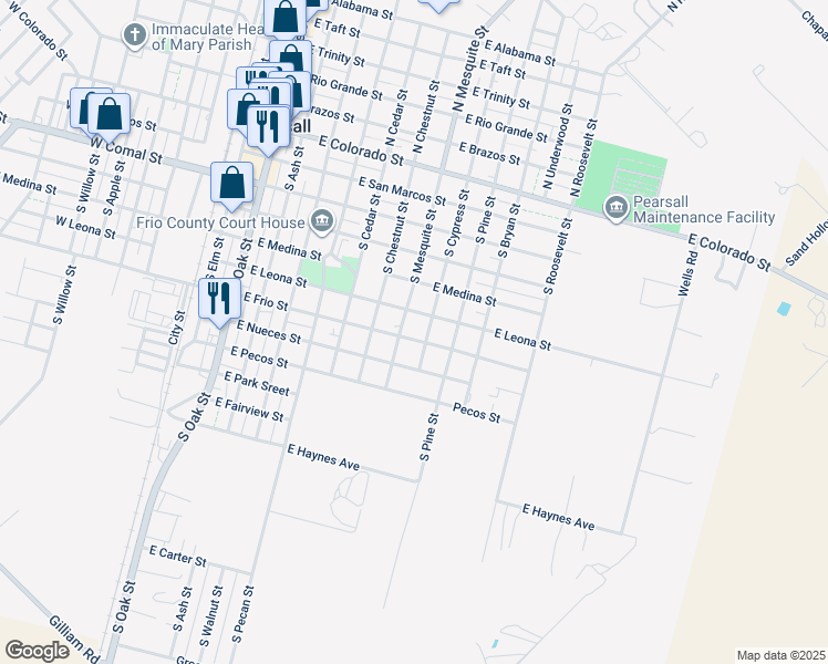 map of restaurants, bars, coffee shops, grocery stores, and more near 908 East Leona Street in Pearsall