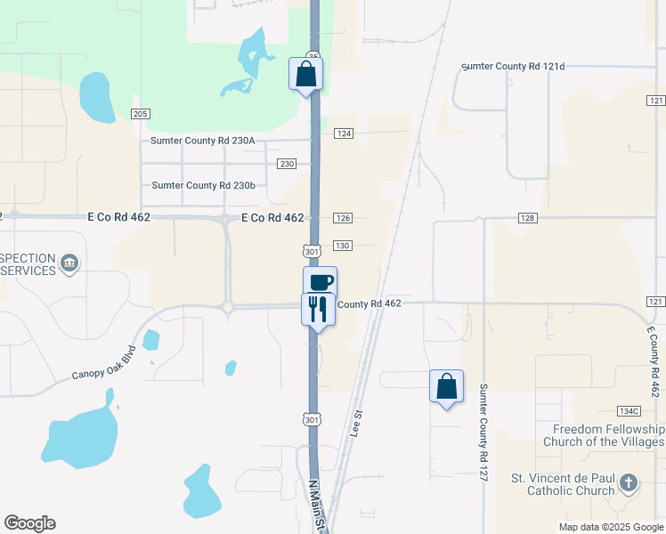 map of restaurants, bars, coffee shops, grocery stores, and more near 4033 County Road 130 in Wildwood