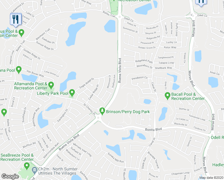 map of restaurants, bars, coffee shops, grocery stores, and more near 1202 Everett Place in The Villages