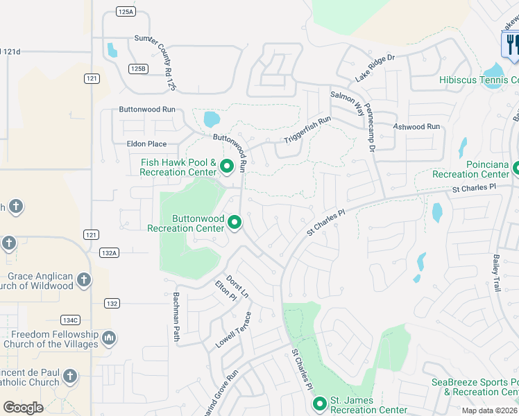 map of restaurants, bars, coffee shops, grocery stores, and more near 2267 Fringe Tree Trail in The Villages