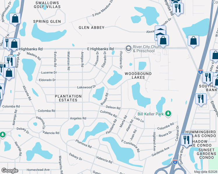 map of restaurants, bars, coffee shops, grocery stores, and more near 262 Lake Lane in DeBary