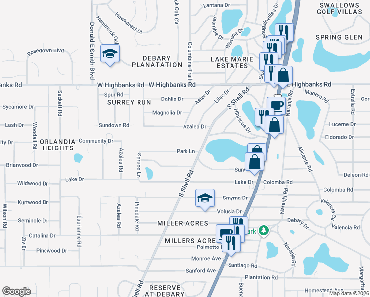 map of restaurants, bars, coffee shops, grocery stores, and more near 48 Park Lane in DeBary