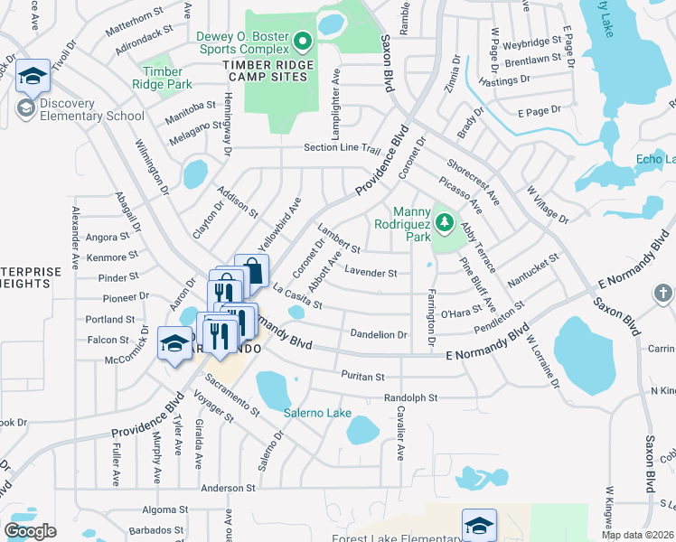 map of restaurants, bars, coffee shops, grocery stores, and more near 1427 Lavender Street in Deltona