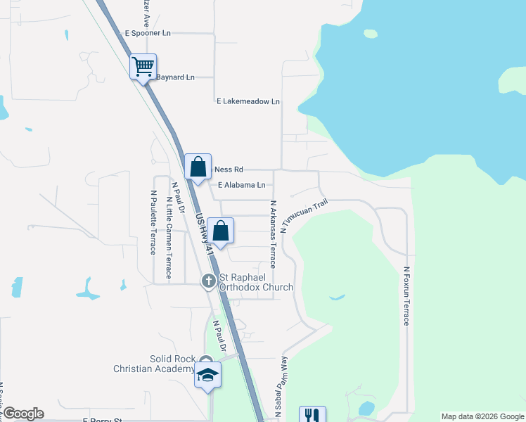 map of restaurants, bars, coffee shops, grocery stores, and more near 4343 East Nebraska Lane in Hernando