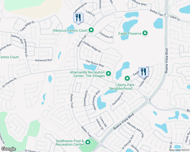map of restaurants, bars, coffee shops, grocery stores, and more near 1977 Southfield Drive in The Villages