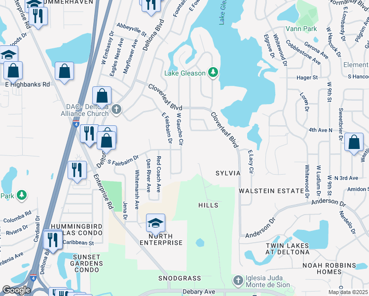 map of restaurants, bars, coffee shops, grocery stores, and more near 809 W Gaucho Cir in Deltona