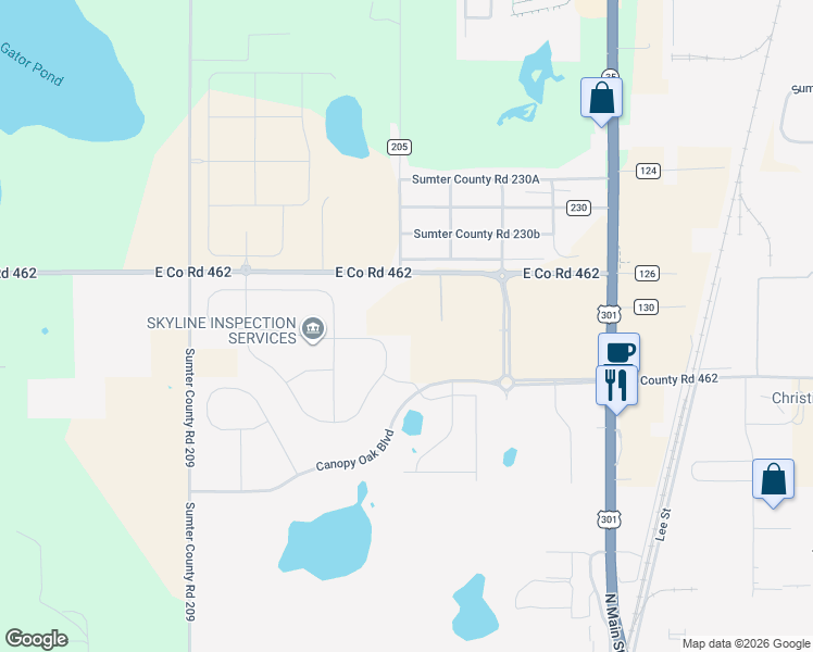 map of restaurants, bars, coffee shops, grocery stores, and more near 3515 East Co Road 462 in Wildwood