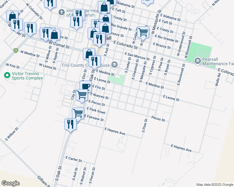 map of restaurants, bars, coffee shops, grocery stores, and more near 650 East Frio Street in Pearsall
