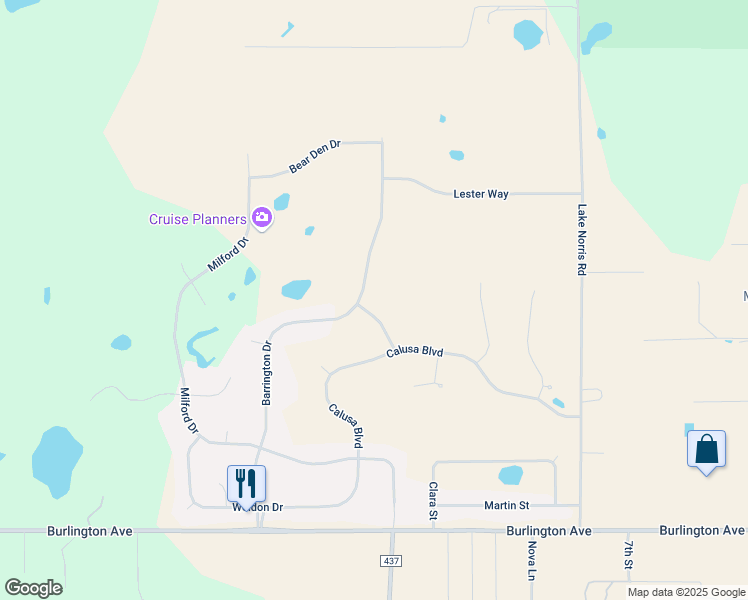 map of restaurants, bars, coffee shops, grocery stores, and more near 36850 Barrington Drive in Eustis
