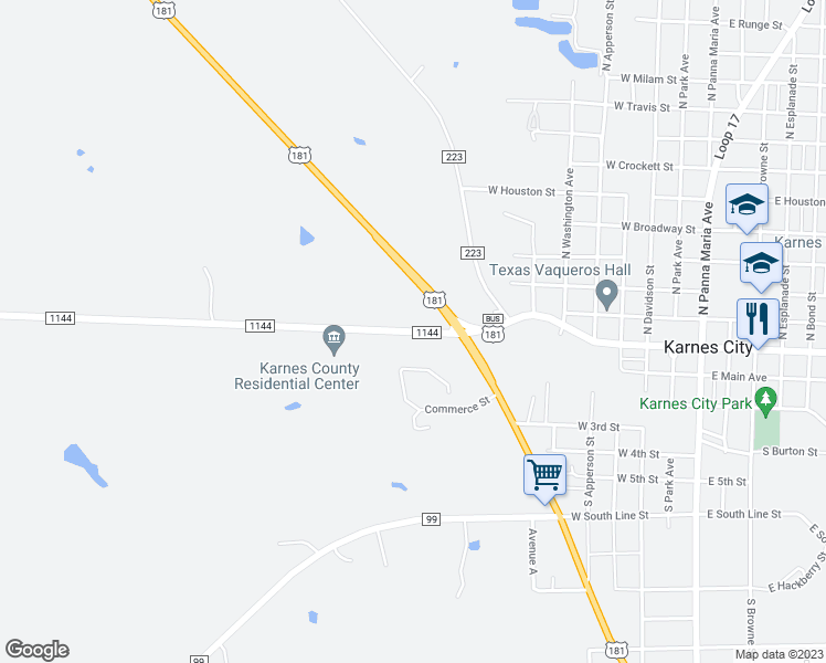 map of restaurants, bars, coffee shops, grocery stores, and more near Farm to Market Road 1144 in Karnes City