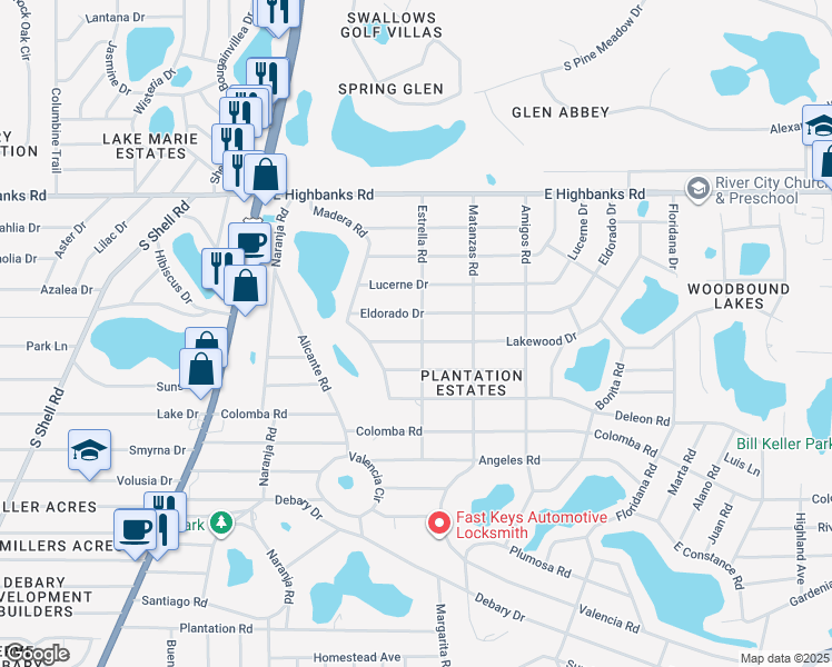 map of restaurants, bars, coffee shops, grocery stores, and more near 32 Estrella Road in DeBary