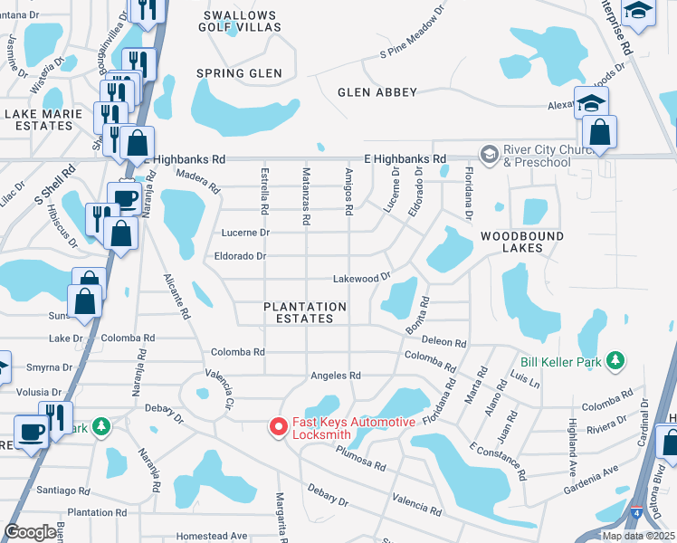 map of restaurants, bars, coffee shops, grocery stores, and more near 214 Lakewood Drive in DeBary