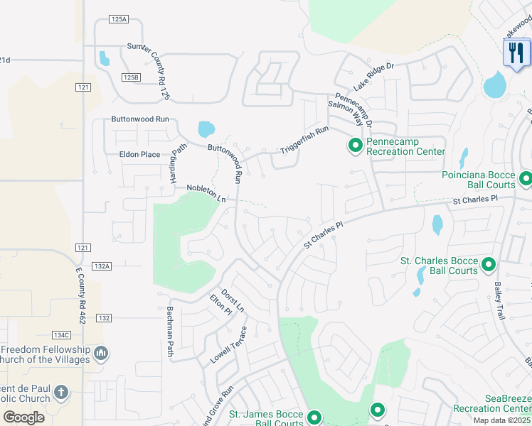 map of restaurants, bars, coffee shops, grocery stores, and more near 2267 Fringe Tree Trail in The Villages