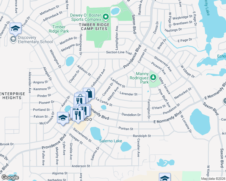 map of restaurants, bars, coffee shops, grocery stores, and more near 1427 Lavender Street in Deltona
