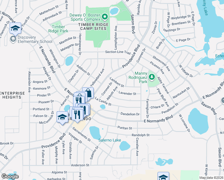 map of restaurants, bars, coffee shops, grocery stores, and more near 1427 Lavender Street in Deltona
