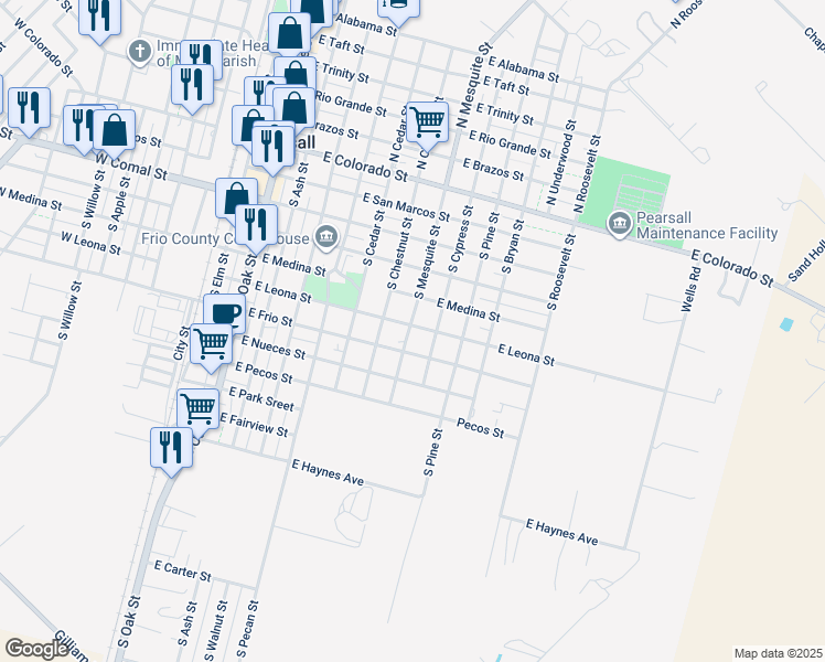 map of restaurants, bars, coffee shops, grocery stores, and more near 908 East Leona Street in Pearsall