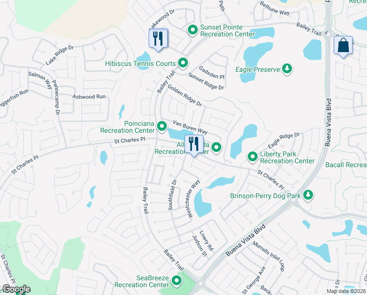 map of restaurants, bars, coffee shops, grocery stores, and more near 1977 Southfield Drive in The Villages