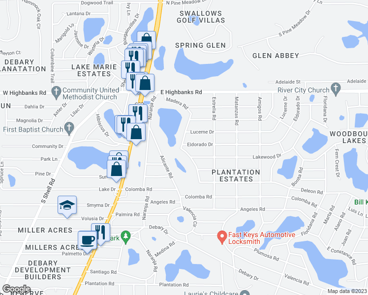 map of restaurants, bars, coffee shops, grocery stores, and more near 49 Madera Road in DeBary