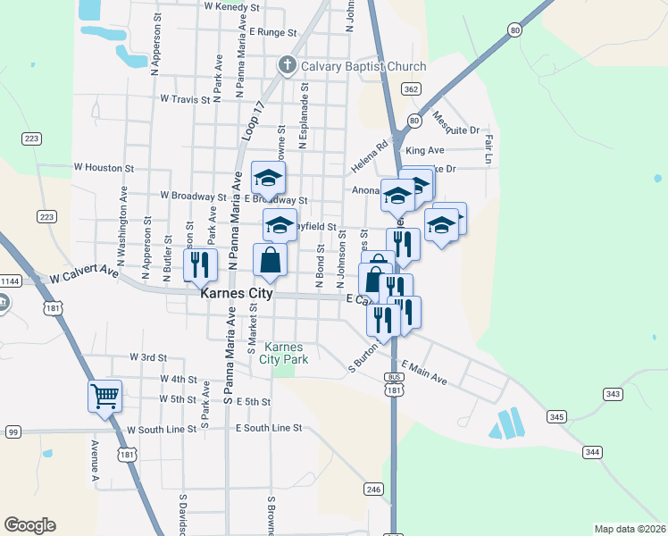 map of restaurants, bars, coffee shops, grocery stores, and more near 516 East Buchel Avenue in Karnes City