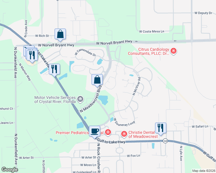 map of restaurants, bars, coffee shops, grocery stores, and more near 1602 North Foxboro Loop in Crystal River