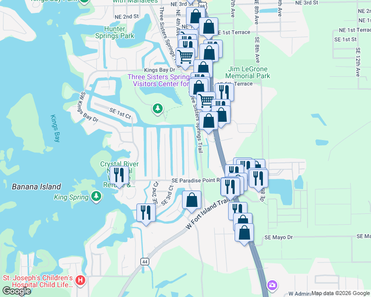 map of restaurants, bars, coffee shops, grocery stores, and more near 1202 Southeast 5th Avenue in Crystal River