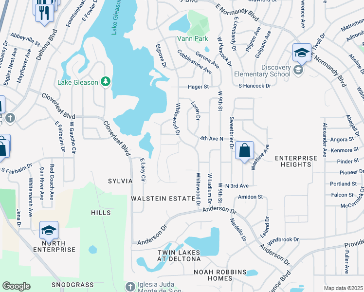 map of restaurants, bars, coffee shops, grocery stores, and more near 888 Whitewood Drive in Deltona