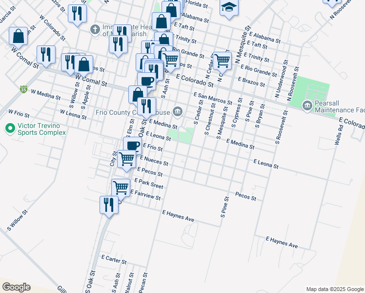 map of restaurants, bars, coffee shops, grocery stores, and more near 602 East Leona Street in Pearsall