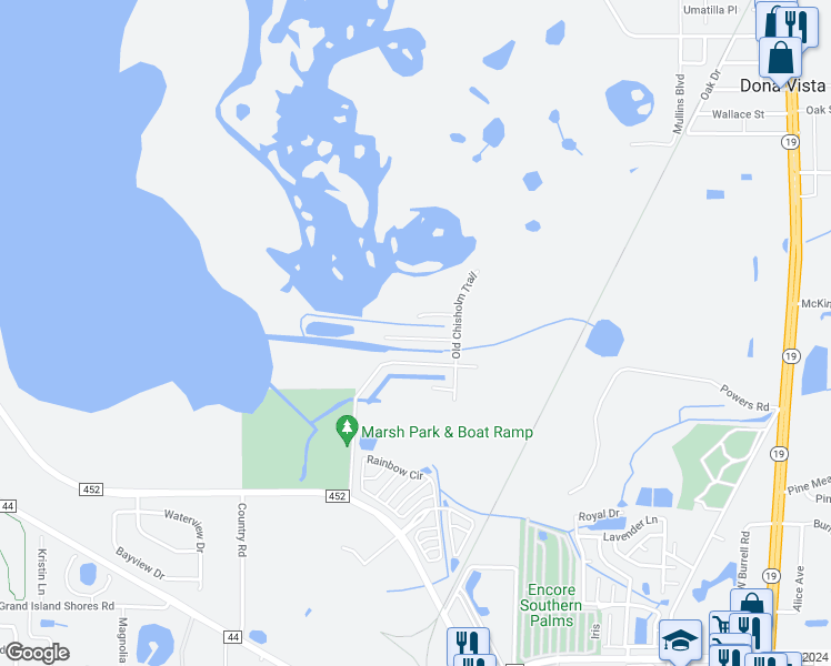 map of restaurants, bars, coffee shops, grocery stores, and more near 15343 Santa Fe Trail in Eustis