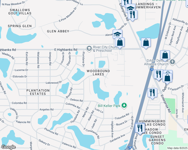 map of restaurants, bars, coffee shops, grocery stores, and more near 102 Bonita Road in DeBary
