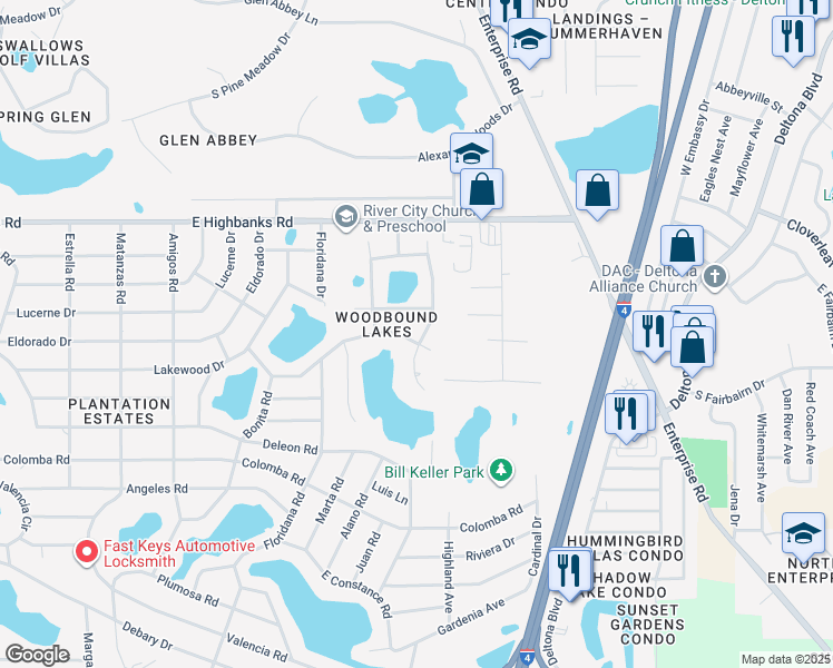 map of restaurants, bars, coffee shops, grocery stores, and more near 32 Bass Lake Drive in DeBary
