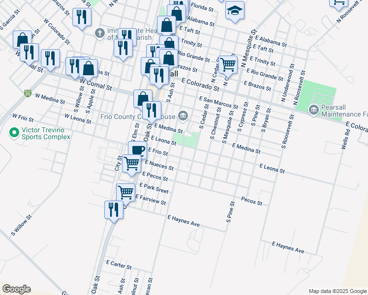 map of restaurants, bars, coffee shops, grocery stores, and more near 602 East Leona Street in Pearsall