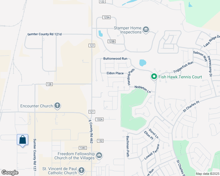 map of restaurants, bars, coffee shops, grocery stores, and more near 2568 Red Cedar Lane in The Villages
