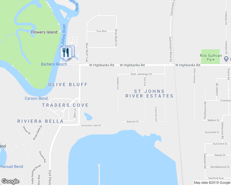 map of restaurants, bars, coffee shops, grocery stores, and more near 32 Keeble Avenue in DeBary