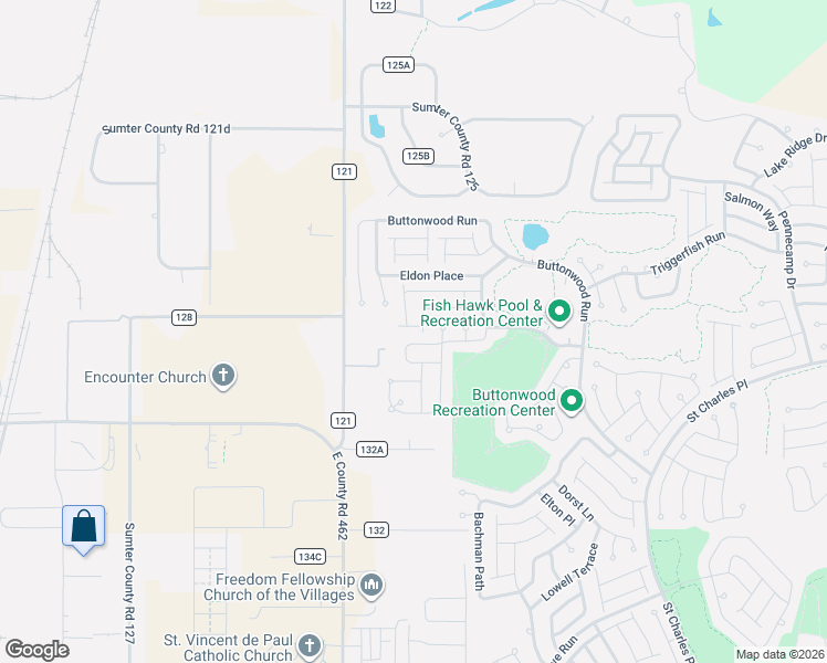 map of restaurants, bars, coffee shops, grocery stores, and more near 2568 Red Cedar Lane in The Villages