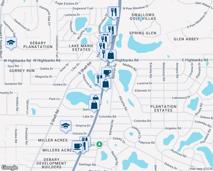 map of restaurants, bars, coffee shops, grocery stores, and more near 41 South Charles Richard Beall Boulevard in DeBary