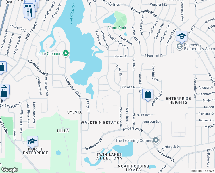 map of restaurants, bars, coffee shops, grocery stores, and more near 910 Whitewood Drive in Deltona