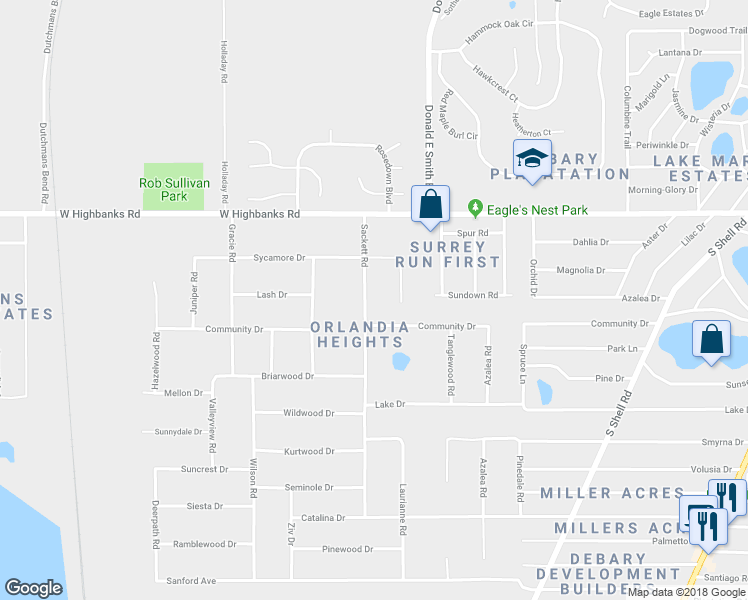 map of restaurants, bars, coffee shops, grocery stores, and more near 33 Sackett Road in DeBary