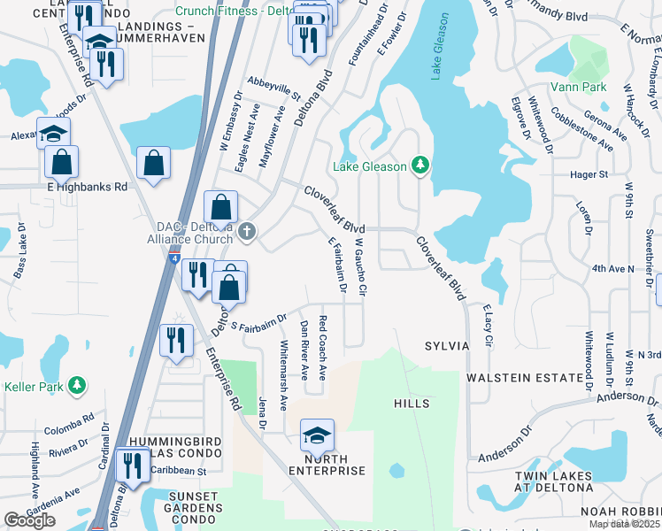 map of restaurants, bars, coffee shops, grocery stores, and more near 850 East Fairbairn Drive in Deltona