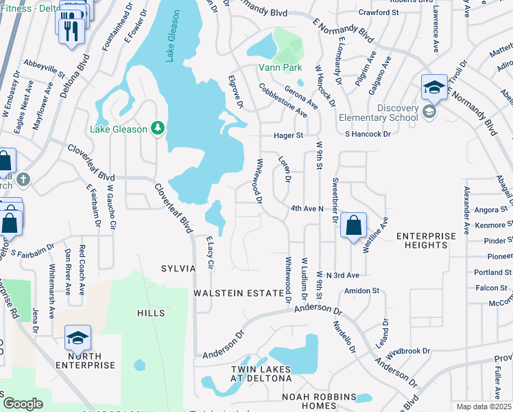 map of restaurants, bars, coffee shops, grocery stores, and more near 910 Whitewood Drive in Deltona