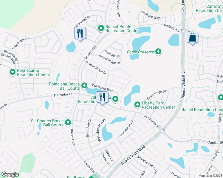 map of restaurants, bars, coffee shops, grocery stores, and more near 1557 Van Buren Way in The Villages