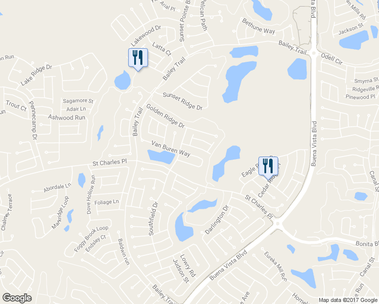 map of restaurants, bars, coffee shops, grocery stores, and more near 1557 Van Buren Way in The Villages